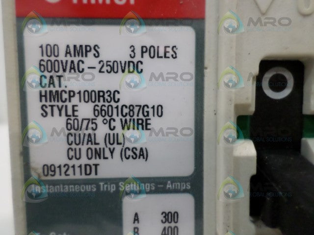CUTLER HAMMER HMCP100R3C CIRCUIT BREAKER 100A w/ A1X1PK AUX SWITCH *NEW NO BOX*