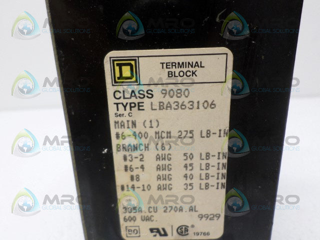 SQUARE D 9080-LBA363106 TERMINAL BLOCK *USED*