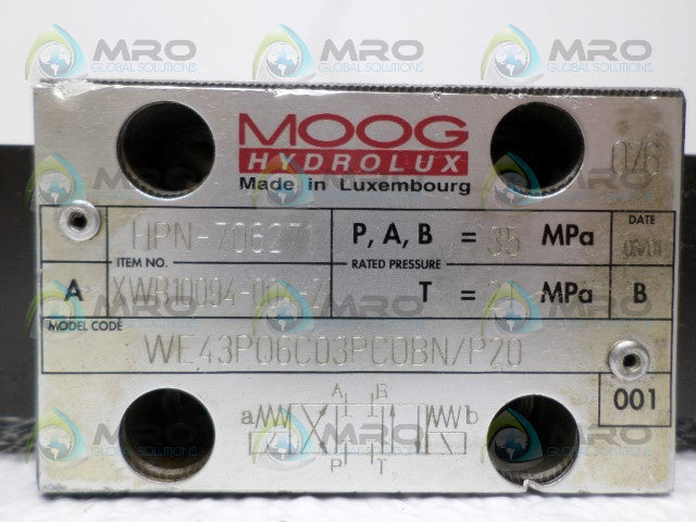 MOOG 706271 XWB10094-004-2 WE43PO6C03PCOBN/P20 SOLENOID VALVE *USED*