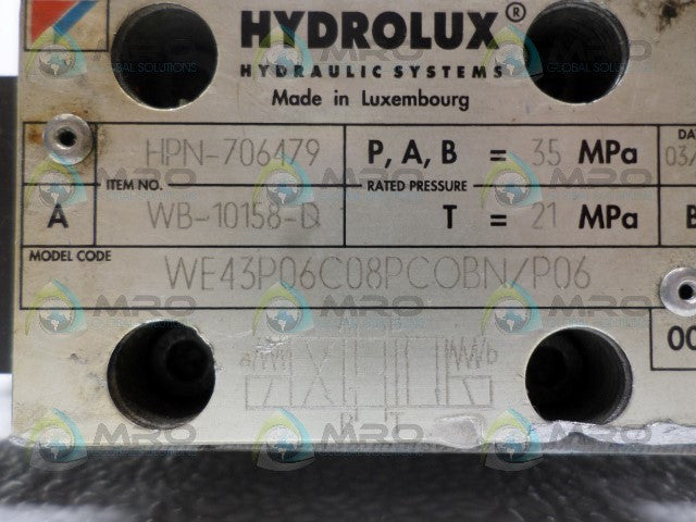 HYDROLUX 706479 WB-10158-D WE43P06C08PCOBN/P06 VALVE *USED*