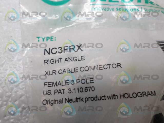 NEUTRIK NC3FRX RIGHT ANGLE CABLE CONNECTOR *NEW IN FACTORY BAG*
