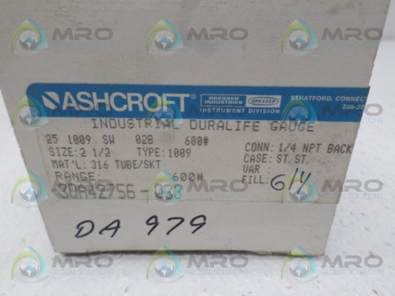 ASHCROFT 251009SW02B-600# PRESSURE GAUGE 0-600 PSI  NSMP