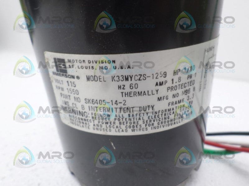 EMERSON K33MYCZS-1259 MOTOR 1/10 HP 1550 RPM *USED*