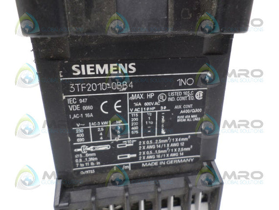 SIEMENS 3TF2010-0BB4 CONTACTOR 24VDC *USED*