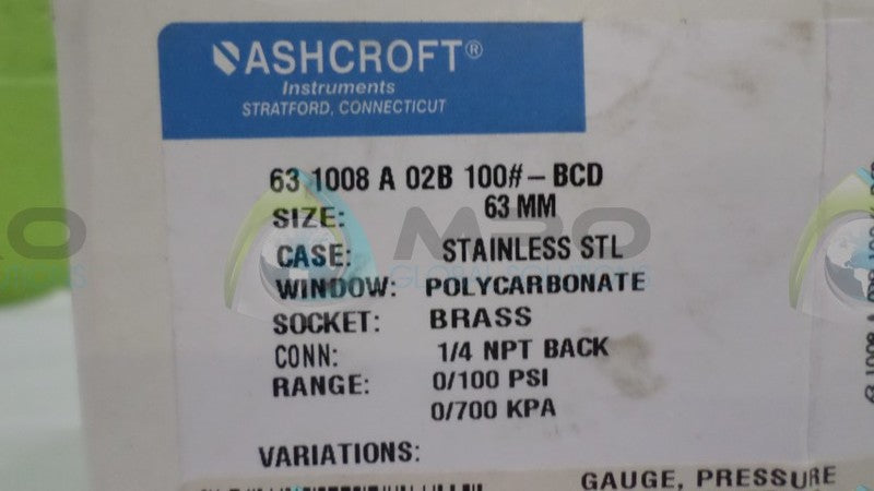 ASHCROFT 631008A02B-100#-BCD PRESSURE GAUGE 0-100 PSI 0-700 KPA *NEW IN BOX*