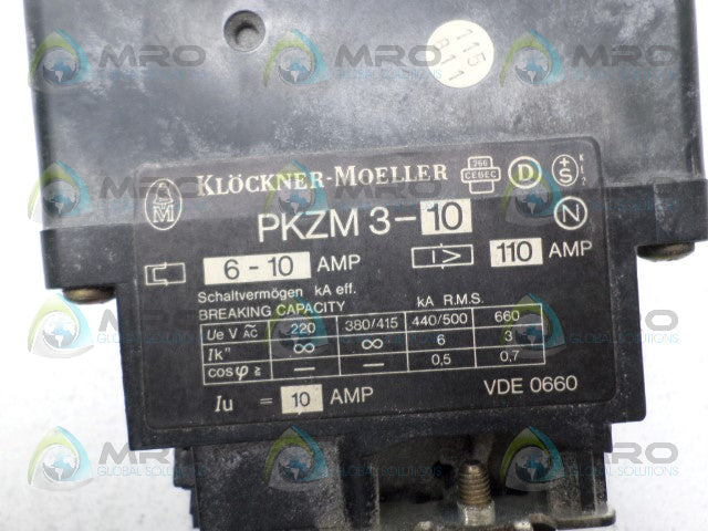 KLOCKNER MOELLER PKZM3-10 MANUAL MOTOR STARTER 6-10A (AS PICTURED) *USED*