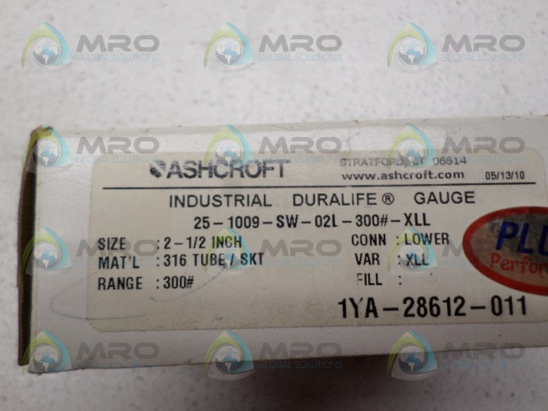 ASHCROFT 251009SW02L-300#-XLL PRESSURE GAUGE 0-300 PSI  NSMP