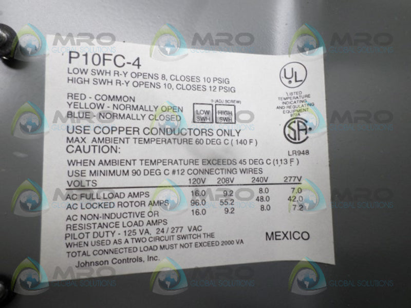 JOHNSON CONTROLS P10FC-4 LOW PRESSURE CONTROL 3-20 PSIG *NEW NO BOX*