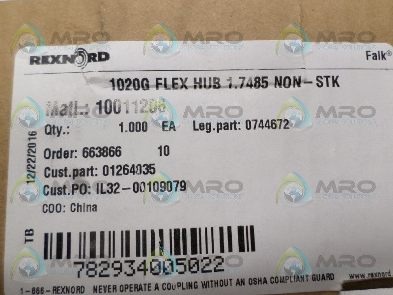 REXNORD 0744672 1020G FLEX HUB 1.7485 *NEW IN BOX*