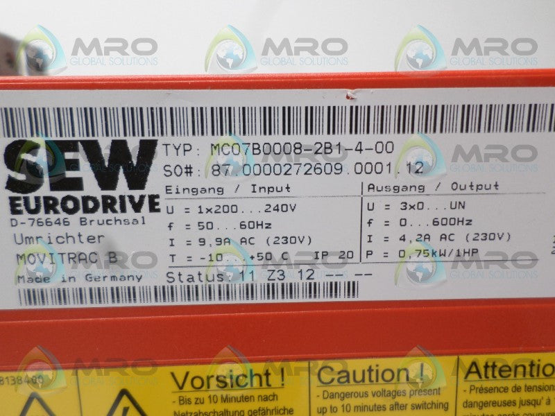SEW EURODRIVE MC07B0008-2B1-4-00 DRIVE INVERTER *NEW NO BOX*