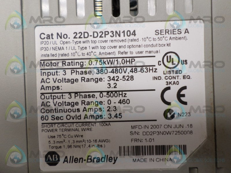 ALLEN BRADLEY POWERFLEX 40P 22D-D2P3N104 SER. A F/W 1.01 AC DRIVE * USED *
