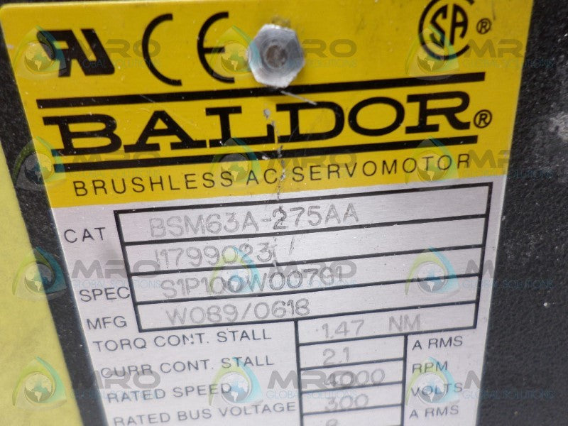 BALDOR BSM63A-275AA BRUSHLESS AC SERVO MOTOR 4000 RPM *USED*
