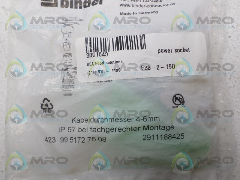 BINDER 423-99-5172-75-08 POWER SOCKET * NEW IN FACTORY BAG *