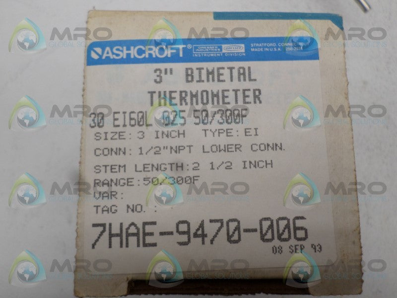 ASHCROFT 30EI60L025-50/300F BIMETAL THERMOMETER 3"  NSMP