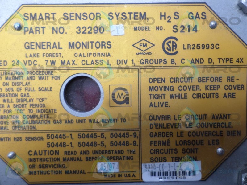 GENERAL MONITORS S214 32290-1 SMART SENSOR SYSTEM H2S GAS *NEW NO BOX*