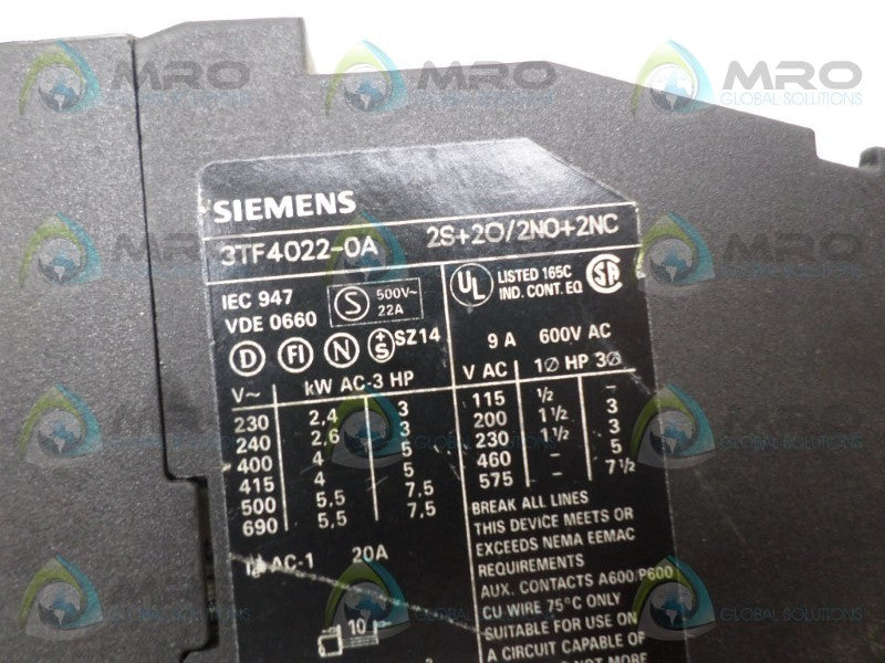 SIEMENS 3TF4022-0A CONTACTOR 24V  UNMP