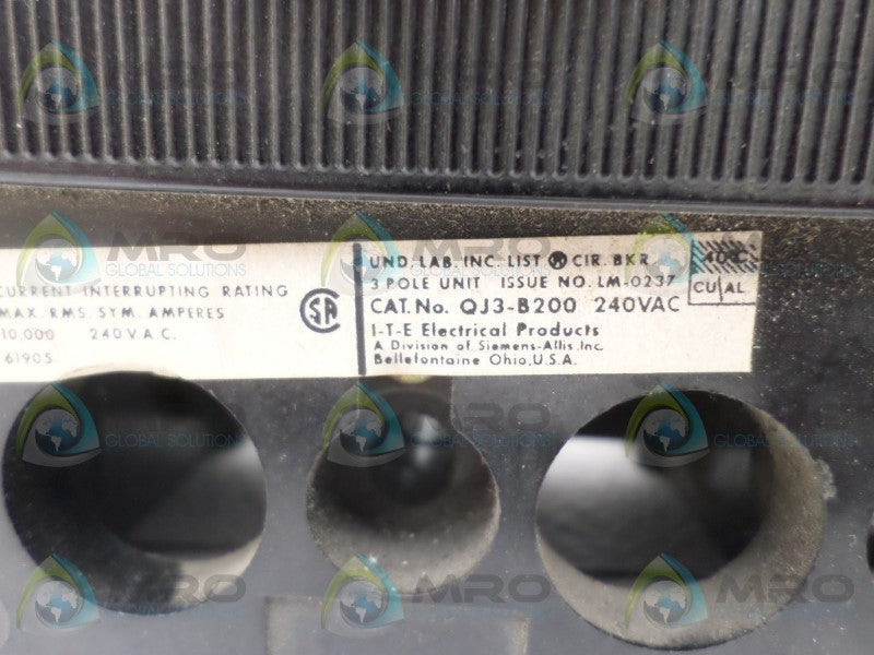 ITE QJ3-B200 CIRCUIT BREAKER 200A *USED*