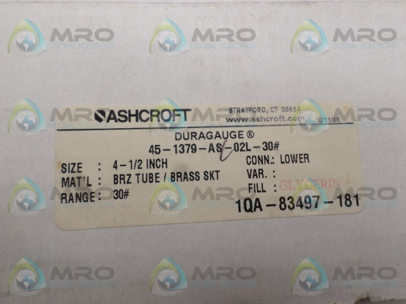 ASHCROFT 451379AS02L-30# DURAGAUGE 0-30 PSI *NEW IN BOX*