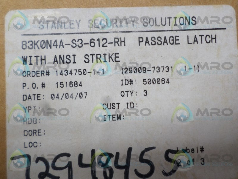 STANLEY SECURITY SOLUTIONS 83K0N4A-S3-612-RH NSMP