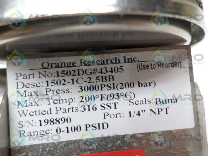 ORANGE RESEARCH 1502DG-1C-2.5BB PRESSURE GAUGE 0-100 PSI  NSNP