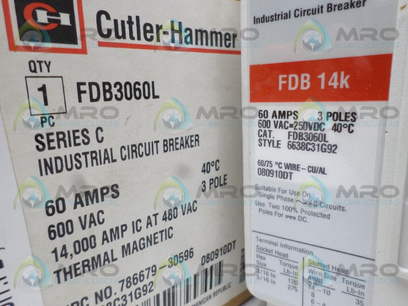 CUTLER HAMMER FDB3060L CIRCUIT BREAKER 60A *NEW IN BOX*