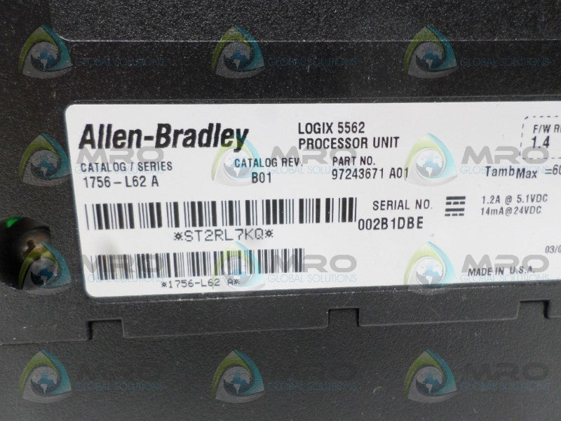 INDUSTRIAL SPARE PART CONTROLLOGIX 1756-L62 SER. A F/W 1.4 PROCESSOR UNIT  UNMP