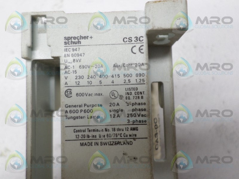 SPRECHER+SCHUH CS3C-22E-24 CONTACTOR 24VDC *USED*