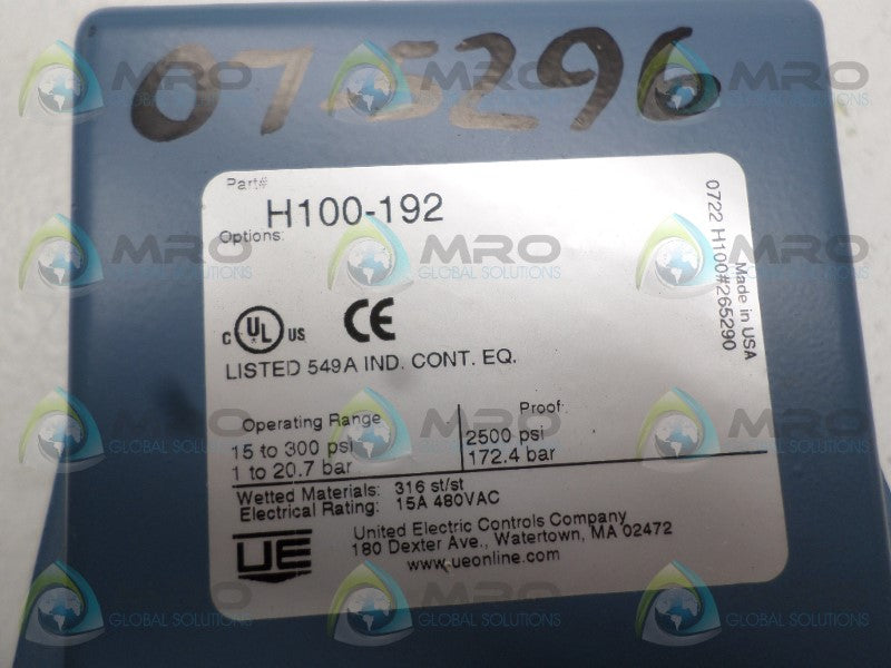 UNITED ELECTRIC H100-192 PRESSURE SWITCH *NEW NO BOX*