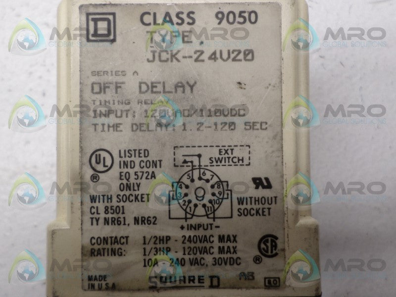 SQUARE D 9050-JCK-24V20 TIME DELAY RELAY 1.2-120 SEC. *USED*