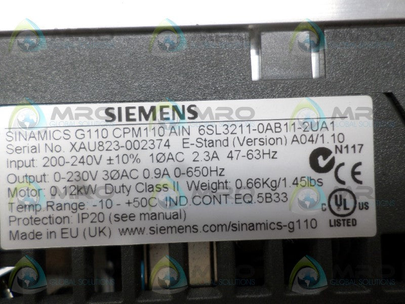 SIEMENS SINAMICS G110 6SL3211-0AB11-2UA1 INVERTER DRIVE *USED*