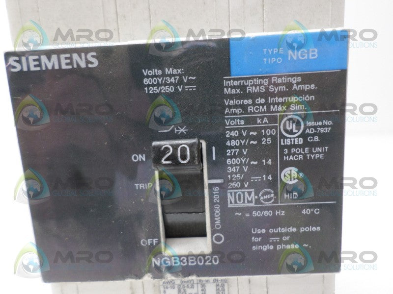 SIEMENS NGB3B020 CIRCUIT BREAKER 20A *NEW NO BOX*