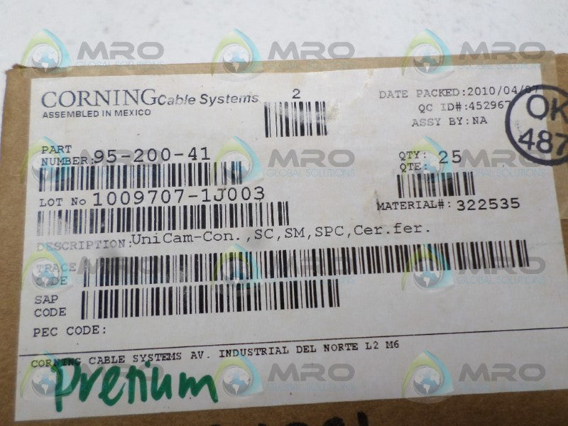 CORNING 95-200-41 FIBER OPTIC CONNECTOR (PKG OF 25) *FACTORY SEALED*