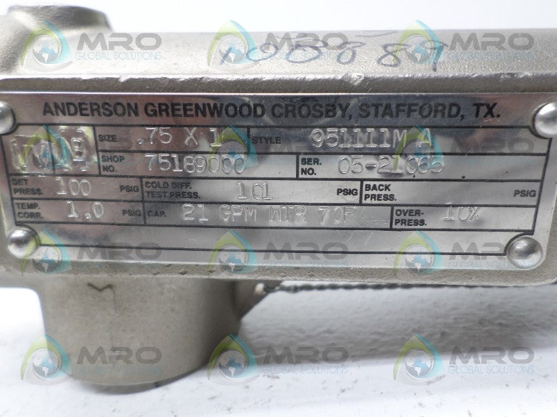 ANDERSON GREENWOOD 951111MA SAFETY RELIEF VALVE 0.75" x 1" *NEW NO BOX*
