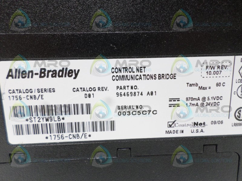ALLEN BRADLEY CONTROLLOGIX 1756-CNB SER. E F/W 10.007 BRIDGE MODULE * USED *