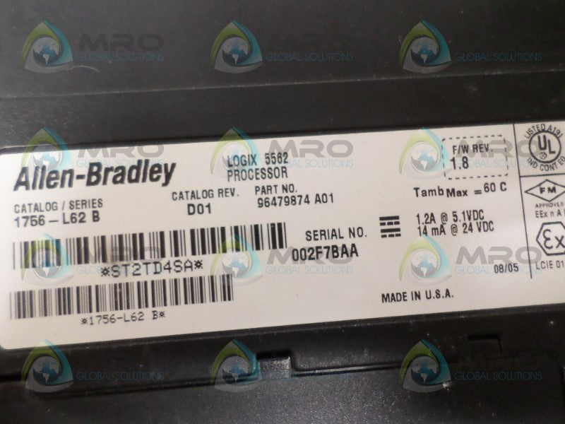 INDUSTRIAL SPARE PART CONTROLLOGIX 1756-L62 SER. B F/W 1.8 PROCESSOR (NO KEY)  UNMP