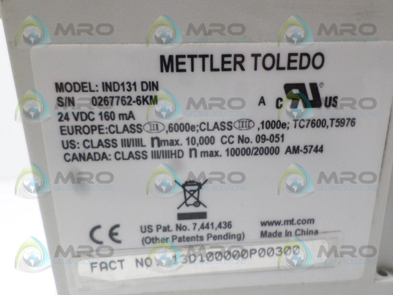 METTLER TOLEDO IND131 13D100000P00300 WEIGHT TERMINAL 24VDC *USED*