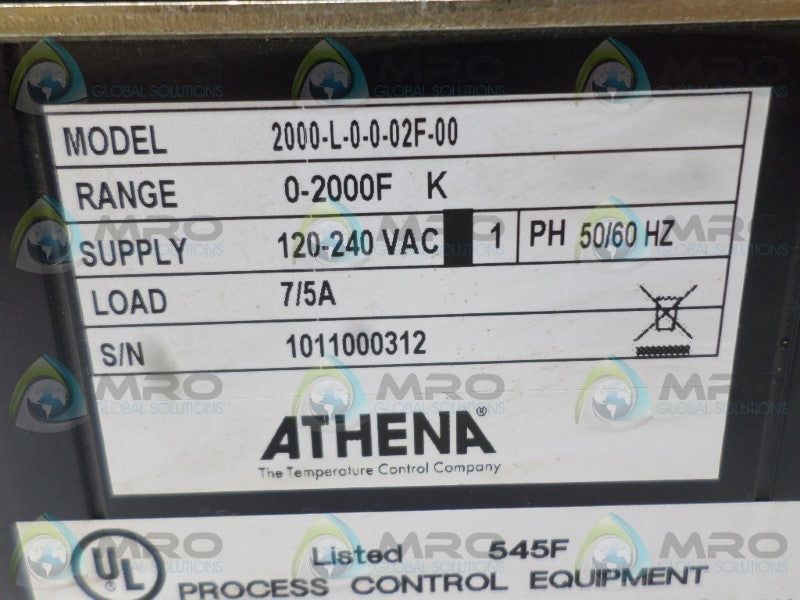ATHENA 2000-L-0-0-02F-00 TEMPERATURE CONTROLLER 0/2000F  UNMP