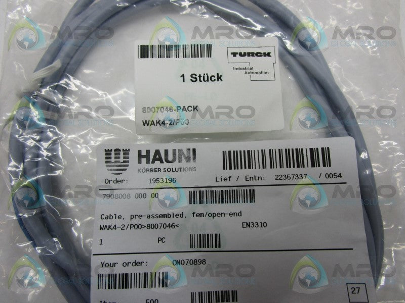 TURCK WAK4-2/P00 CABLE CONNECTOR * NEW IN FACTORY BAG *