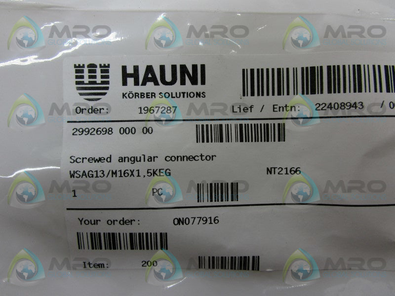 INDUSTRIAL MRO WSAG13/M16X1,5KEG SCREWED ANGULAR CONNECTOR * NEW IN FACTORY BAG *