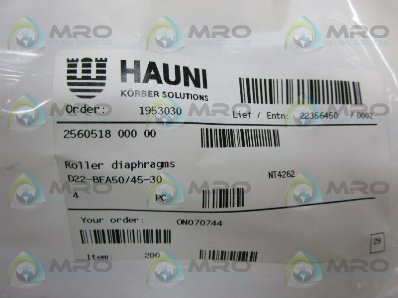 INDUSTRIAL MRO D22-VFA50/45-30 ROLLER DIAPHRAGM (PKG OF 4) * NEW IN FACTORY BAG *