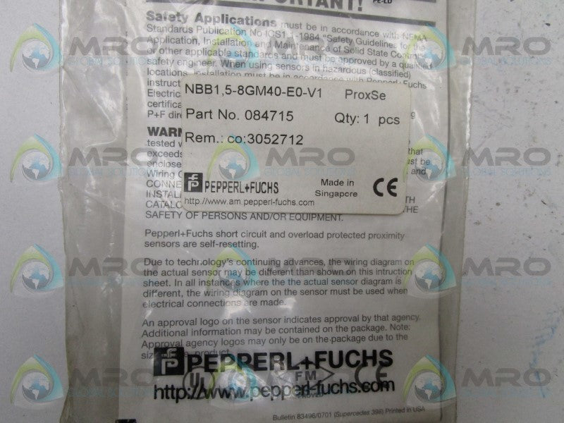 PEPPERL+FUCHS NBB1,5-8GM40-E0-V1 084715 PROXIMITY SENSOR * NEW IN FACTORY BAG *
