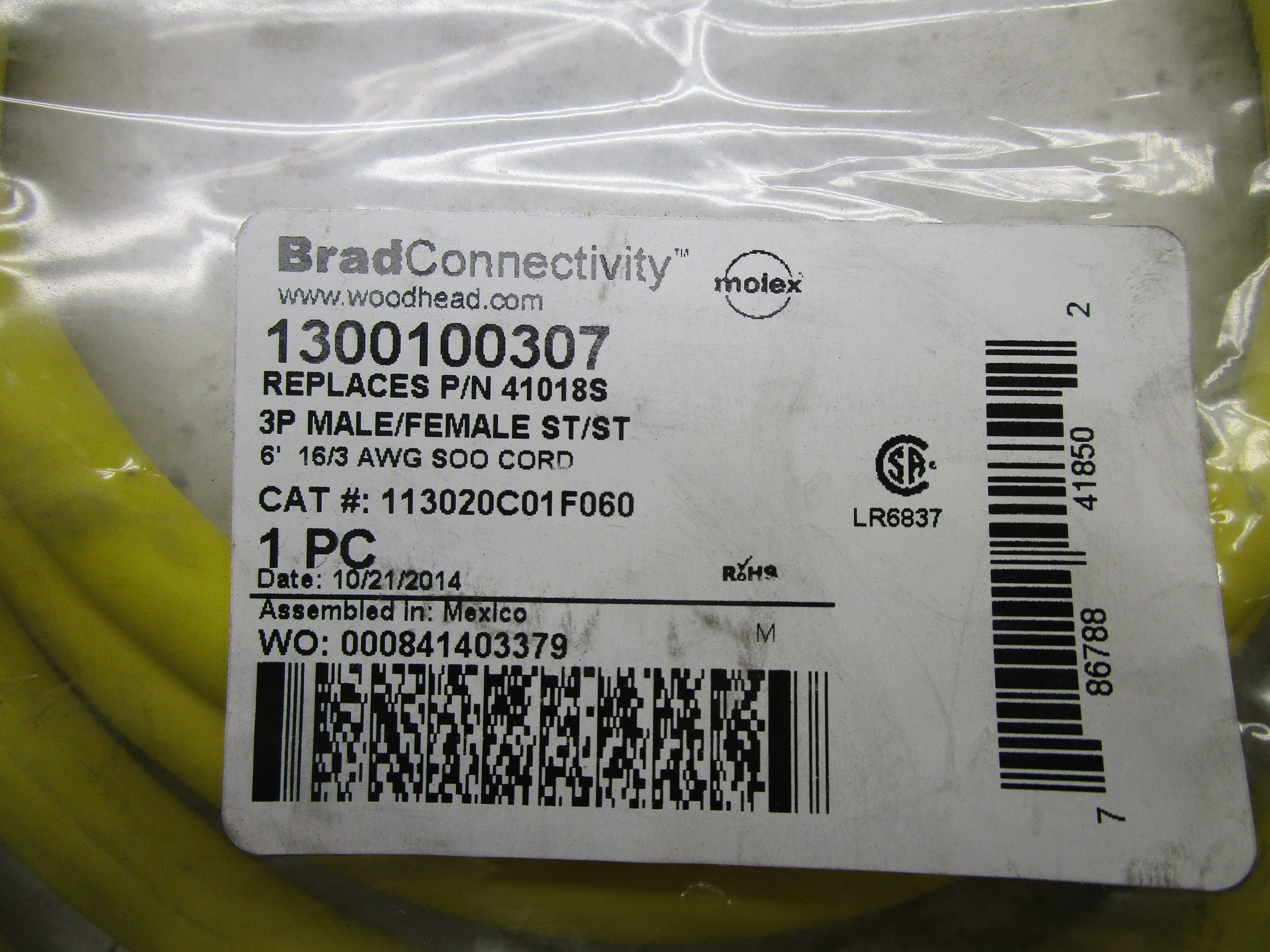 DANIEL WOODHEAD 1300100307 CABLE CONNECTOR * NEW IN FACTORY BAG *