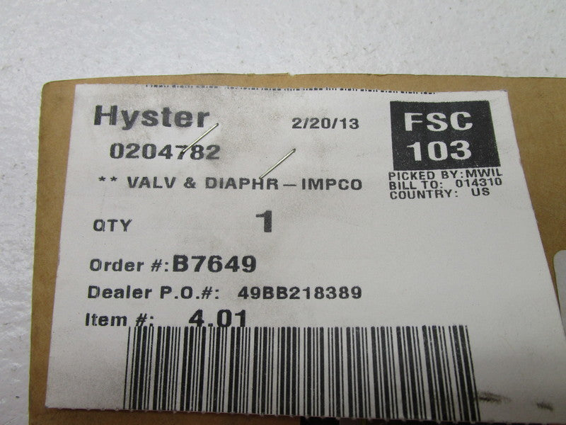 HYSTER 0204782 DIAPHRAGM VALVE * NEW IN ORIGINAL PACKAGE *