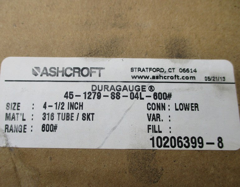 ASHCROFT 45-1279-SS-04L-600# 0-600PSI NSMP