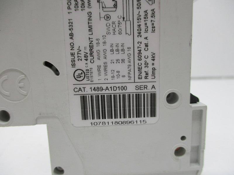 ALLEN BRADLEY 1489-A1D100 CIRCUIT BREAKER SER. A 10A 48/277V NSNP