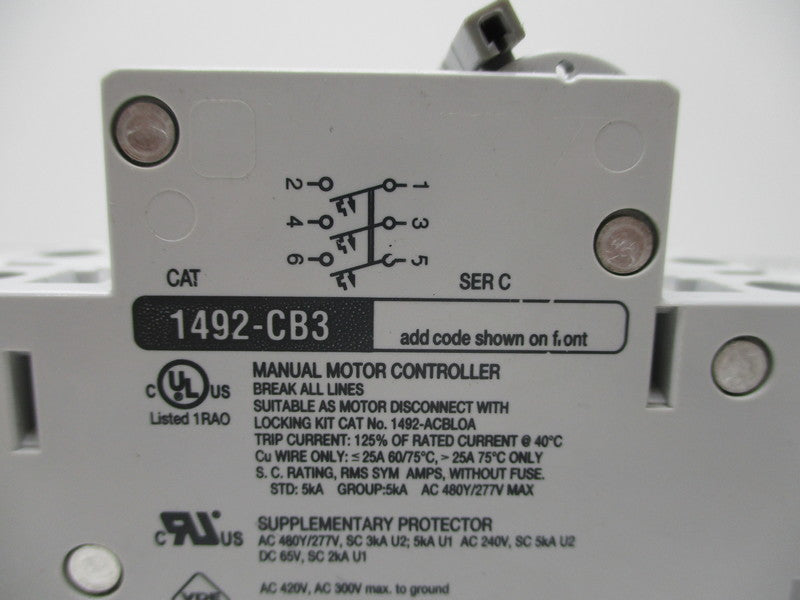 ALLEN BRADLEY 1492-CB3G100 CIRCUIT BREAKER SER. C 10A 277V NSNP