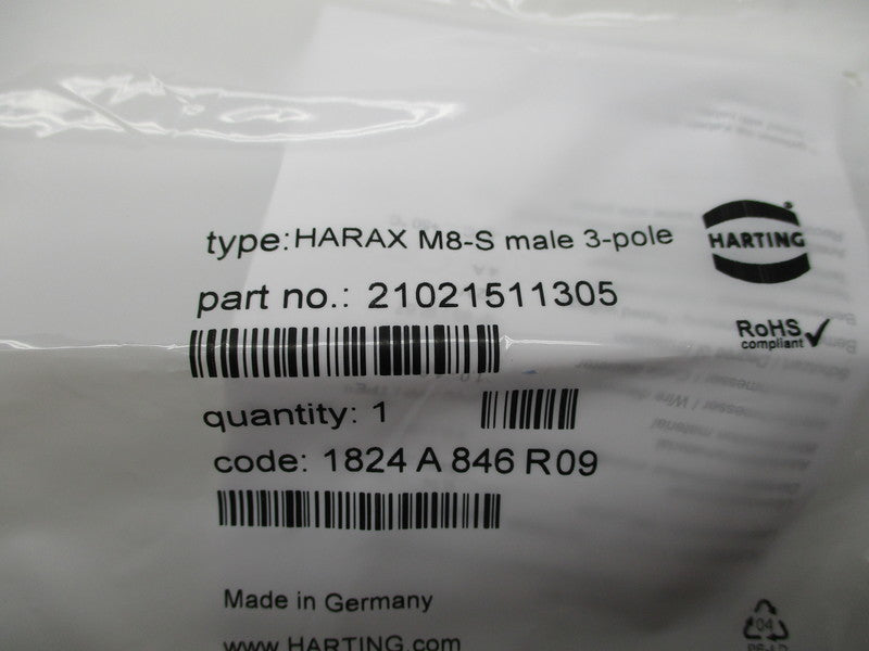 HARTING 21021511305 HARAX M8-S MALE CONNNECTOR * NEW IN FACTORY BAG *