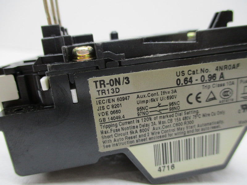 FUJI ELECTRIC TR-ON/3 4NR0AF OVERLOAD RELAY 0.64-0.96A NSNP