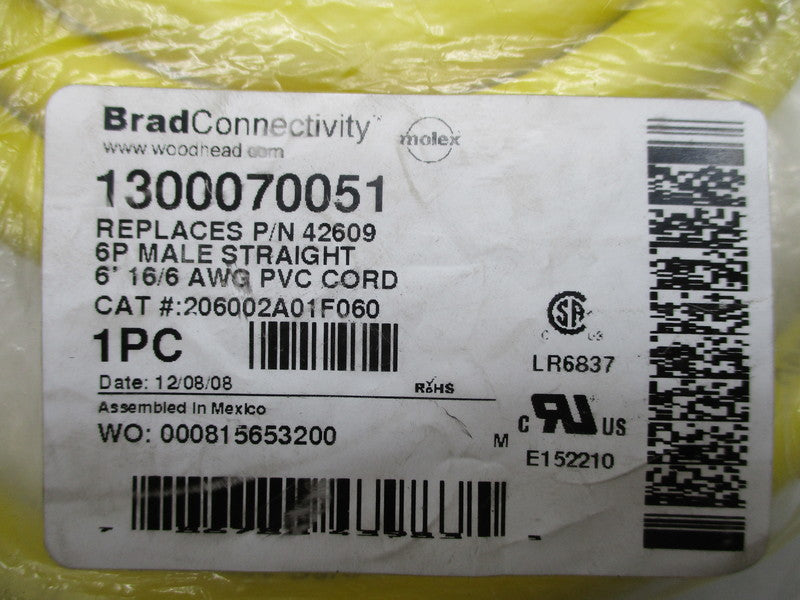 DANIEL WOODHEAD 206002A01F060 1300070051 6' CORD * NEW IN ORIGINAL PACKAGING *