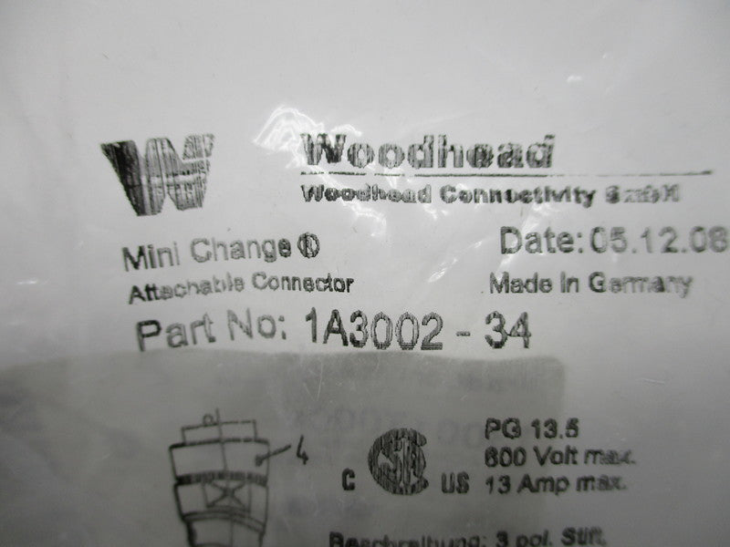 DANIEL WOODHEAD 1A3002-34 MALE STRAIGHT CONNECTOR * NEW IN FACTORY BAG *